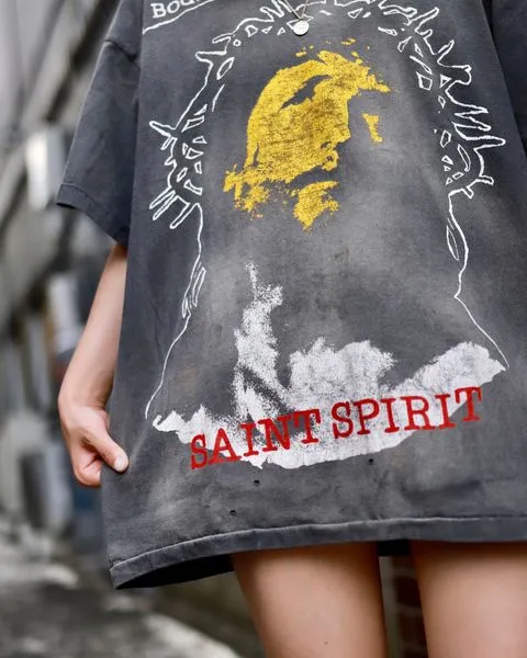 SAINT MICHAEL SS TEE/B FOR REAPER Jesus Hell's Angels Washed and Distressed Short Sleeves Washed Black S-XL Garment Dyed Printed Washed and Distressed